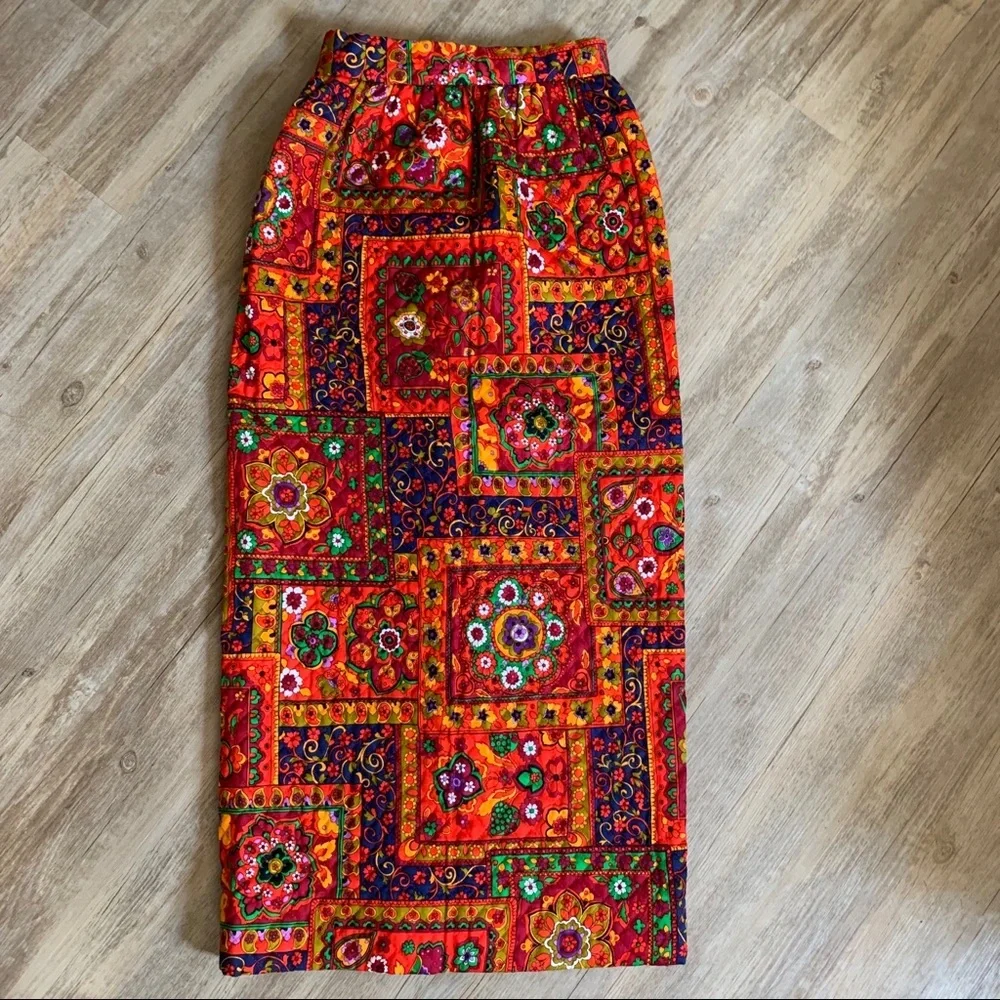 Vintage Skirt Hippy Mod 70s Homemade Skirt Quilted Maxi Medallion - Picture 11 of 15